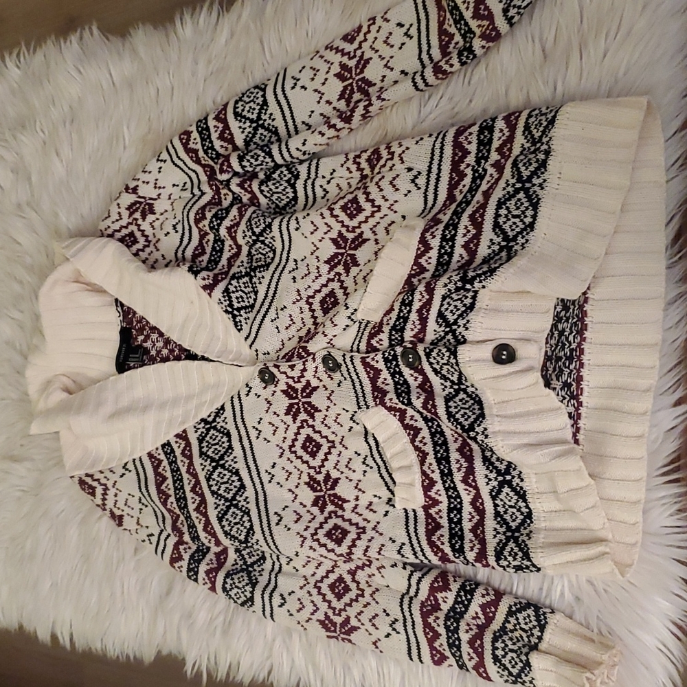 Forever 21 Knitted Winter Cardigan | Fair Isle Print | Cream & Burgundy | Size M